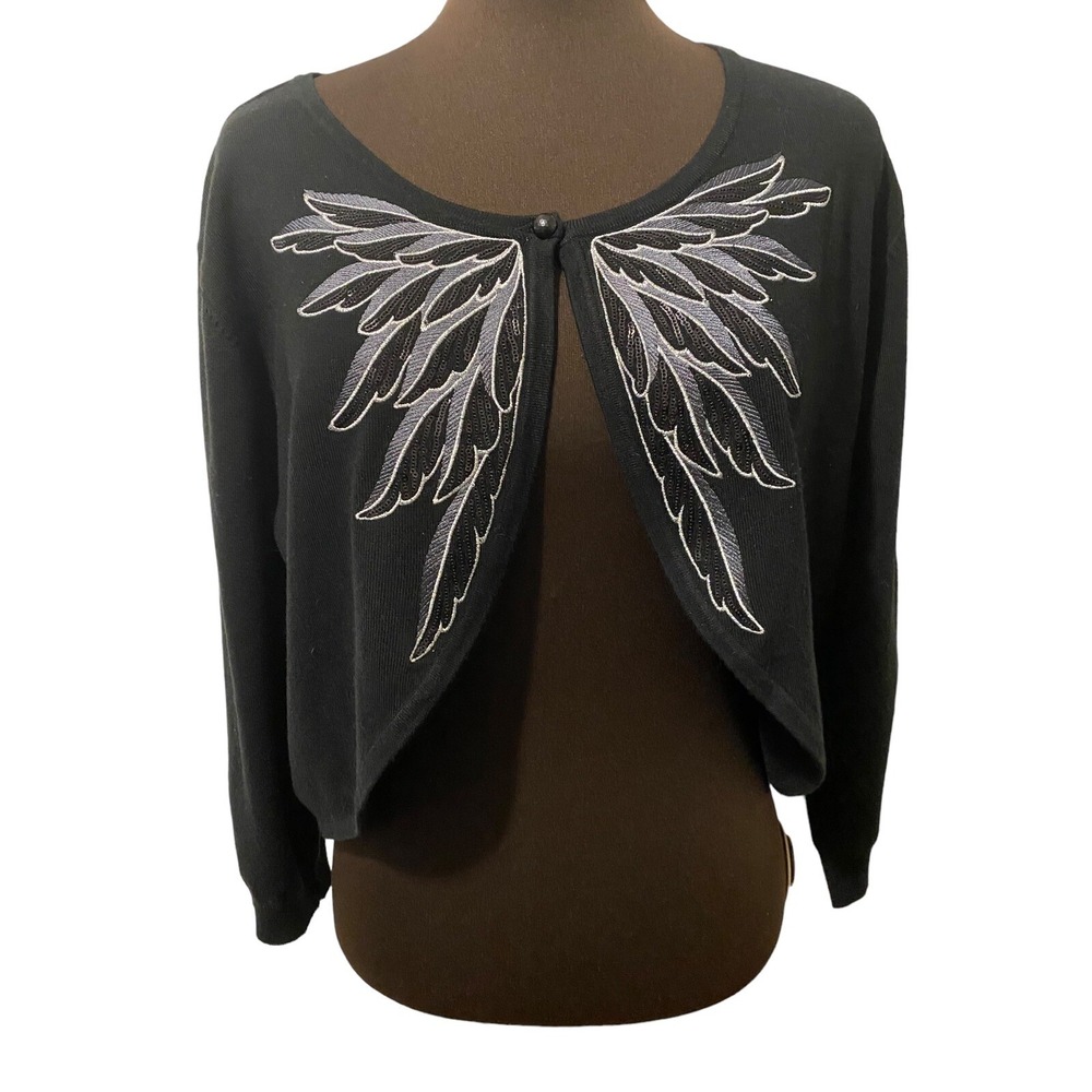 Bob Mackie 1x black shrug sweater angel feathers cropped Wearable art